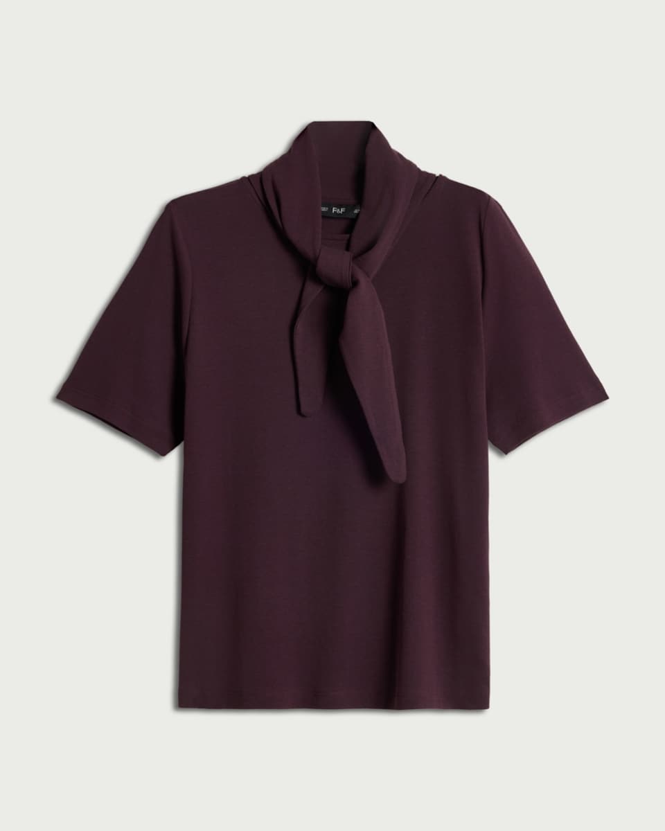 image 1 of F&F Pure Cotton Scarf Neck Short Sleeved Top in Purple