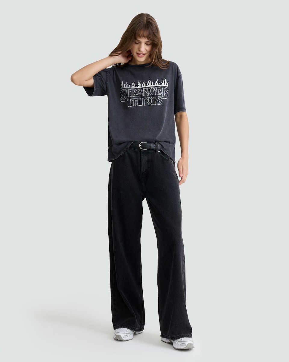 image 1 of Stranger Things Pure Cotton Flame Print T-Shirt in Grey