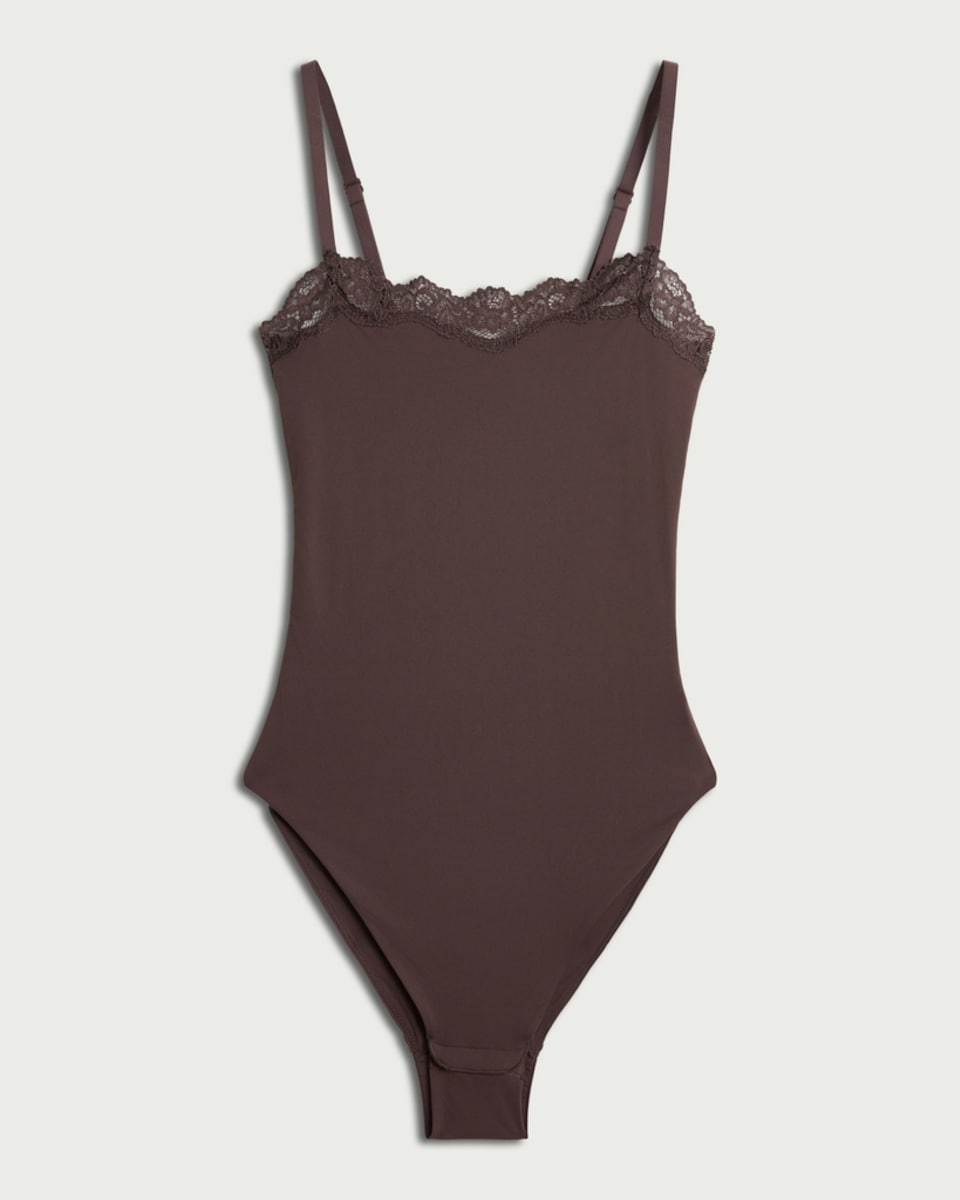 image 1 of F&F Contour Strappy Lace Trim Bodysuit in Brown