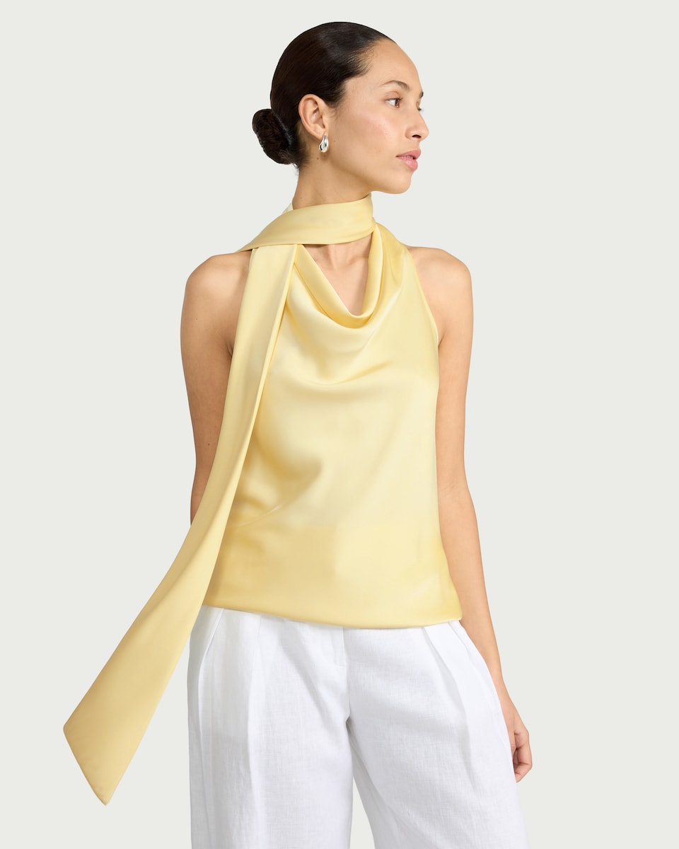 image 1 of F&F Satin Cowl Scarf Neck Blouse in Yellow