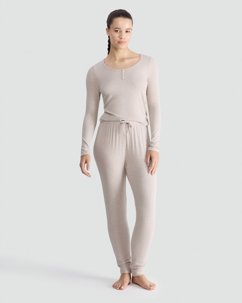 image 1 of The F&F Edit Henley Top and Drawstring Bottoms Pyjamas in Cream