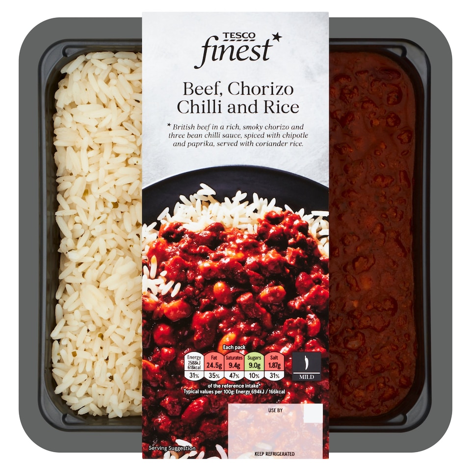 Tesco Finest Beef, Chorizo Chilli & Rice 400G