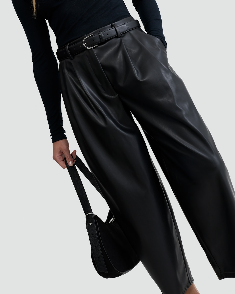 image 1 of F&F Faux Leather Pleated Barrel Leg Trousers in Black