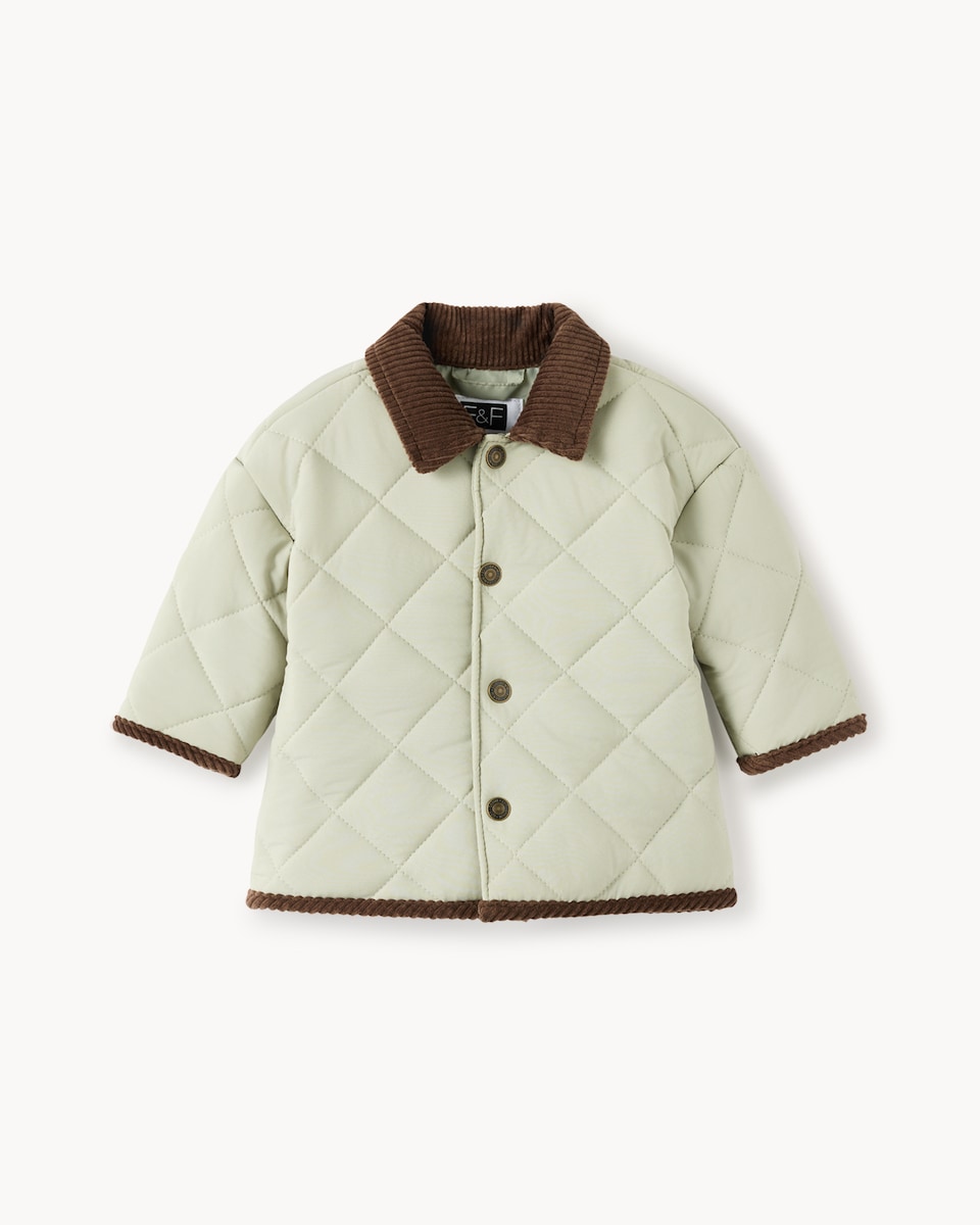 image 1 of F&F Baby Quilted Jacket, Striped T-Shirt and Jeans Set in Green