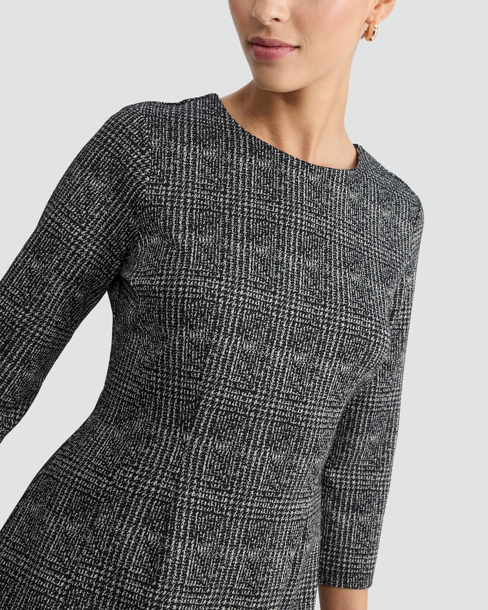 image 1 of F&F Textured Check Print Long Sleeved Shift Dress in Multi Black White