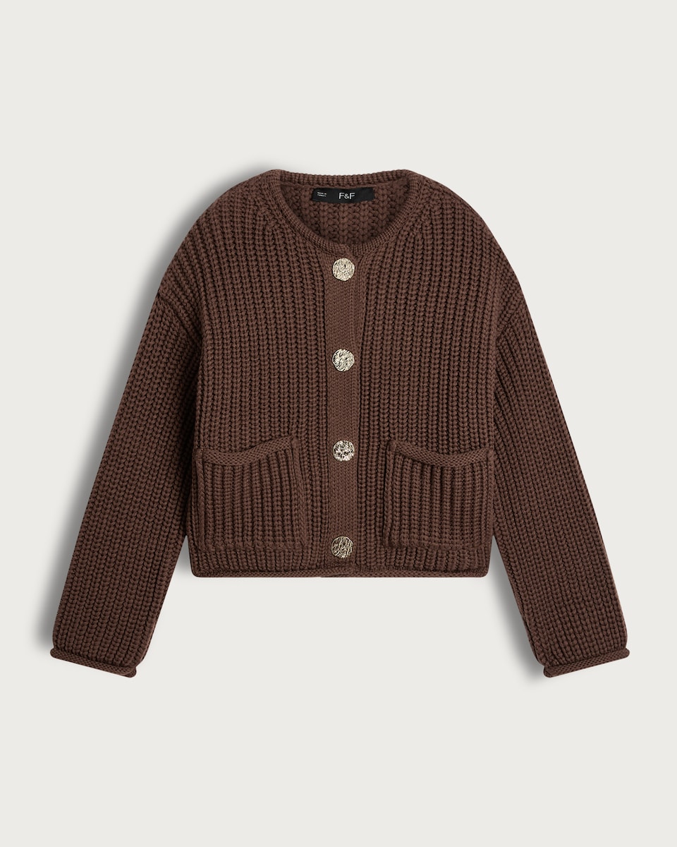 image 1 of F&F Textured Gold Button Chunky Cardigan in Brown