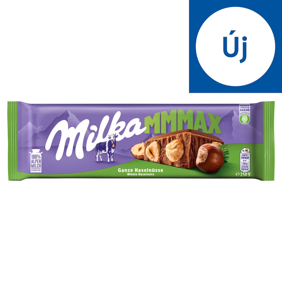 Milka Mmmax alpesi tej felhasználásával készült tejcsokoládé egész mogyoróval 250 g