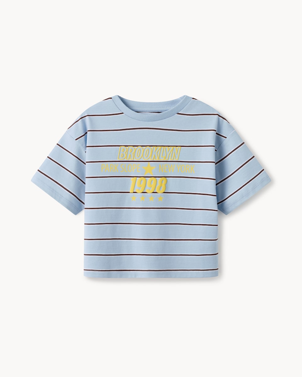 image 1 of F&F Girls Pure Cotton Striped Slogan T-Shirt in Blue