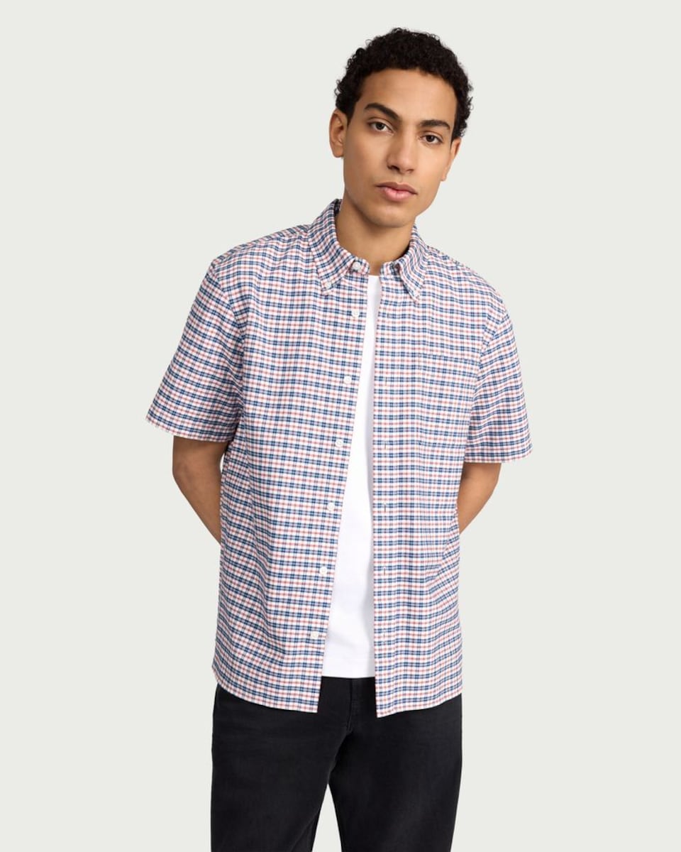 image 1 of F&F Pure Cotton Gingham Short Sleeved Oxford Shirt in Multi Red