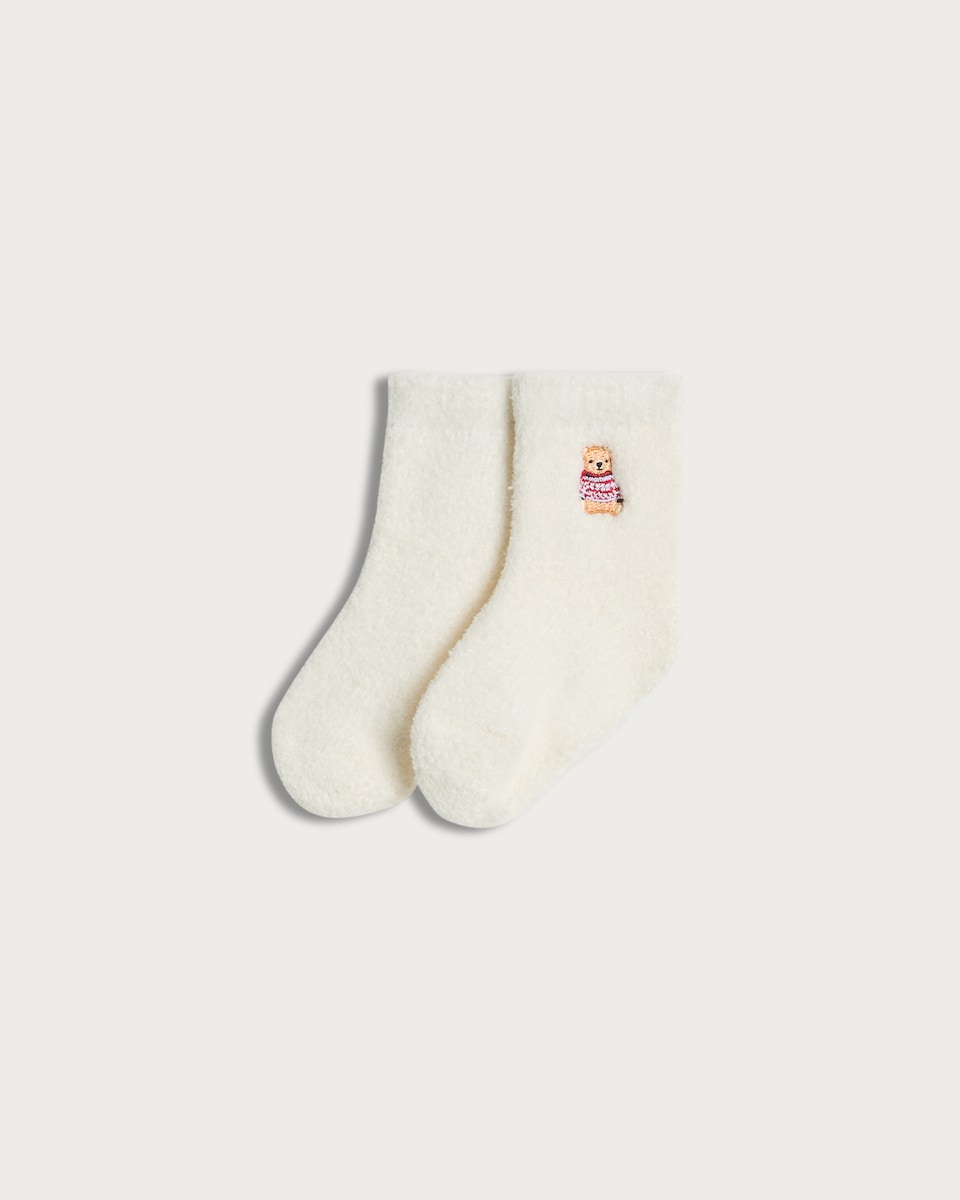 F&F Baby Teddy Bear Embroidered Matching Family Christmas Cosy Socks in Cream