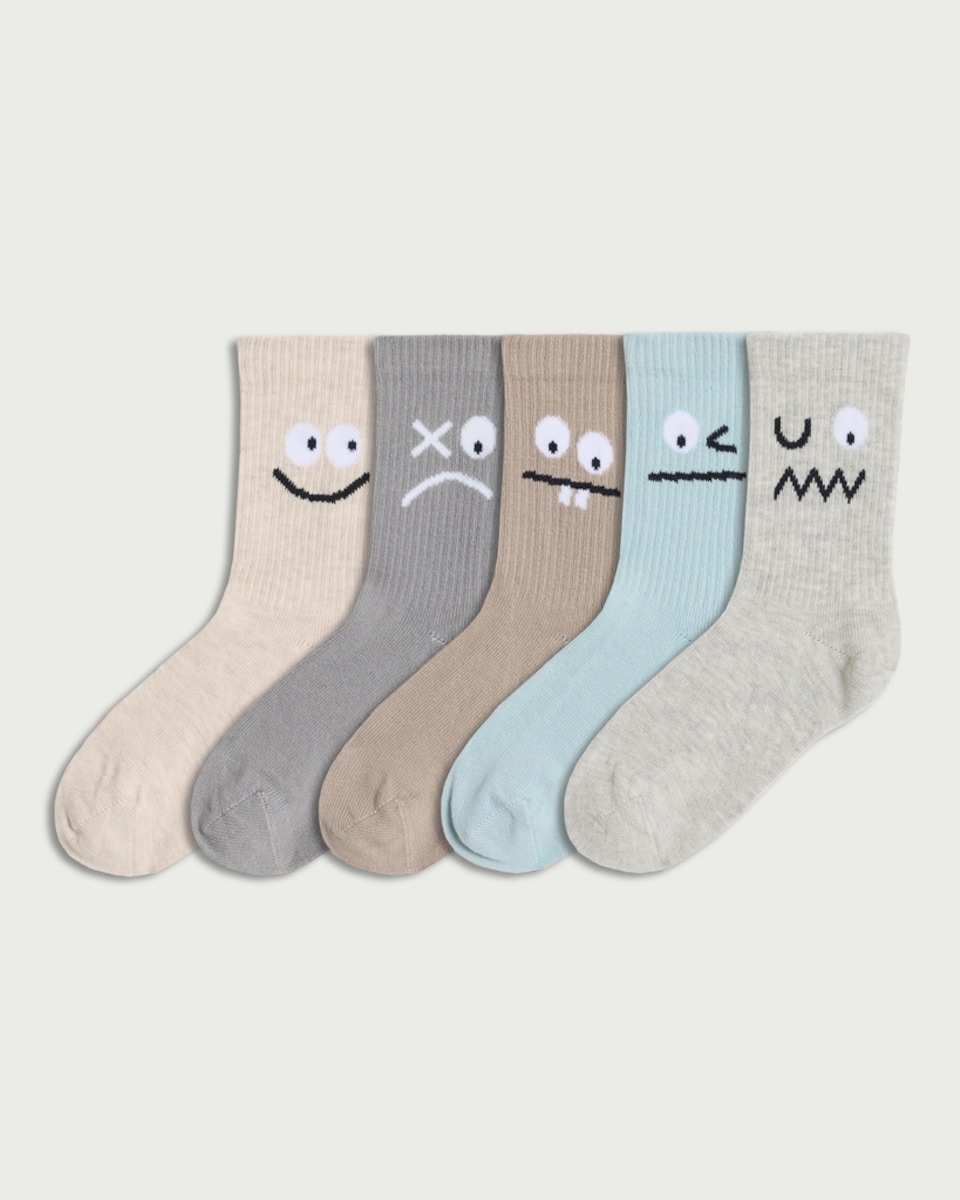 F&F Boys 5-Pack Cotton Blend Face Print Ankle Socks in Multi