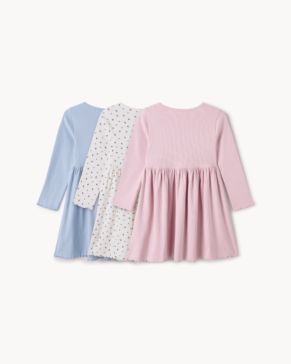 image 1 of F&F Girls 3-Pack Cotton Rich Ribbed Dresses in Multi Blue
