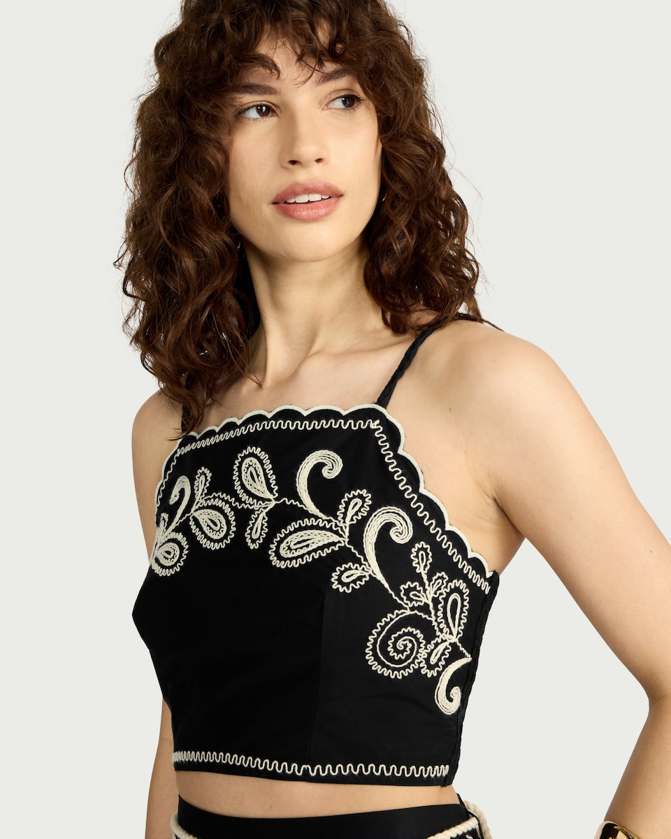 image 1 of The F&F Edit Cotton Rich Embroidered Co-ord Top in Black
