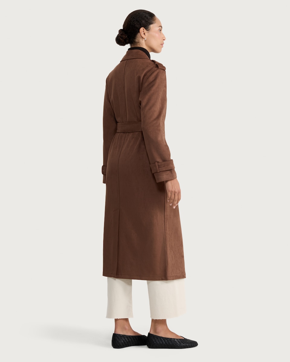 image 1 of F&F Faux Suede Double Breasted Longline Trench Coat in Brown