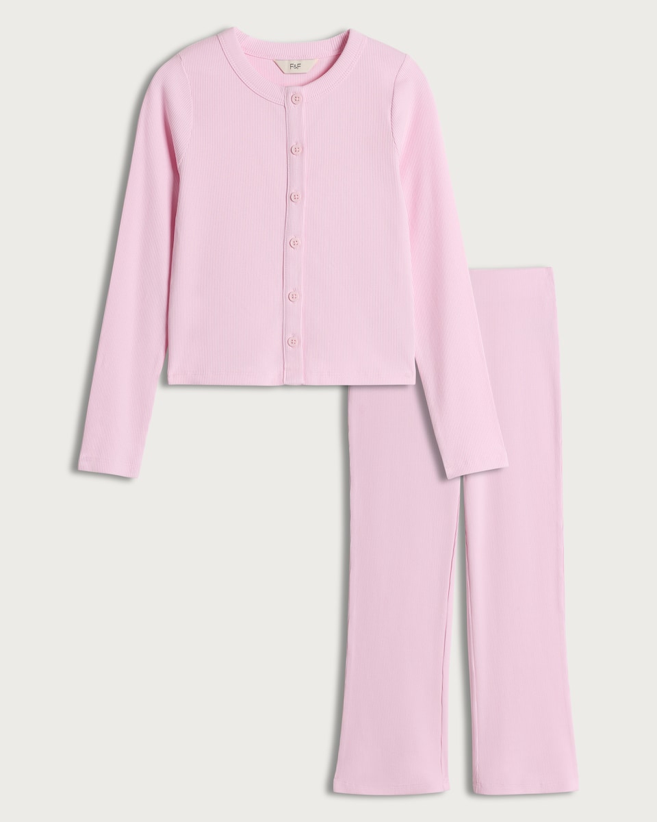 image 1 of F&F Girls 2-Piece Cotton Rich Ribbed Cardigan and Leggings Set in Brown