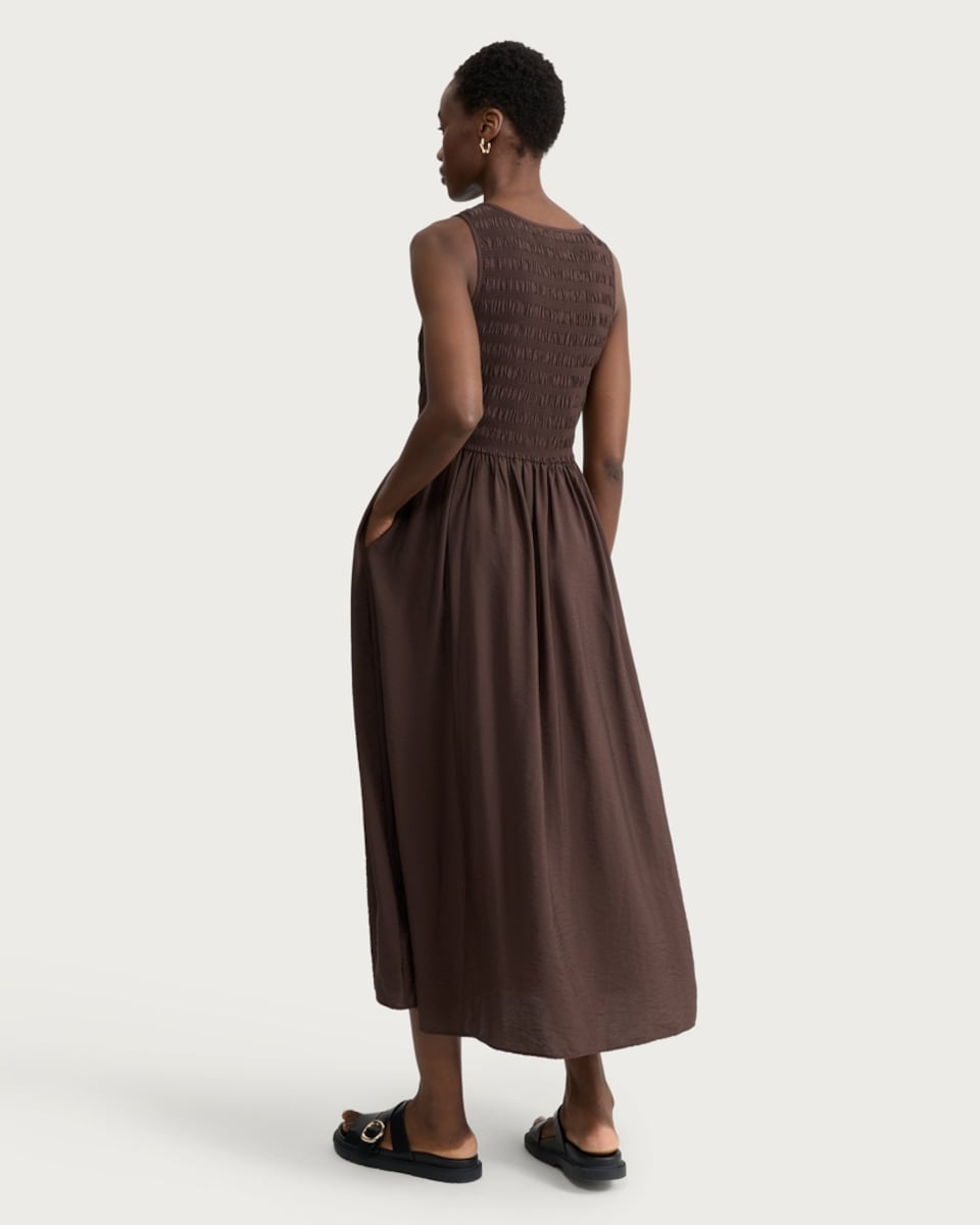 image 1 of F&F Shirred Sleeveless Midi Dress in Chocolate