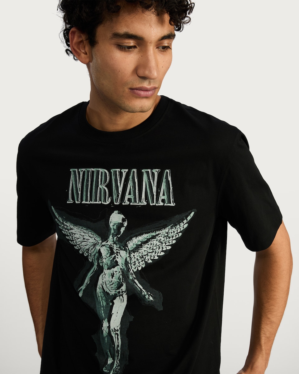 image 1 of Nirvana Cotton Rich Print T-Shirt in Black