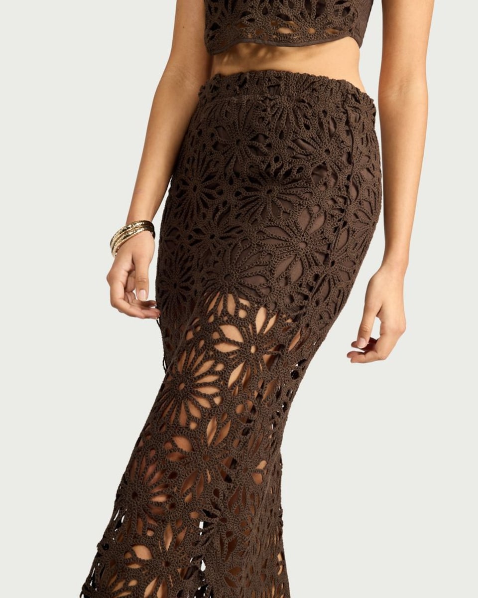 image 1 of F&F Floral Crochet Look Co-ord Beach Skirt in Brown