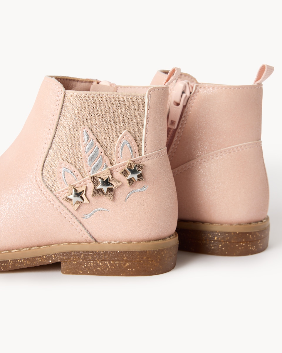 image 1 of F&F Girls Unicorn Embellished Ankle Boots in Pink