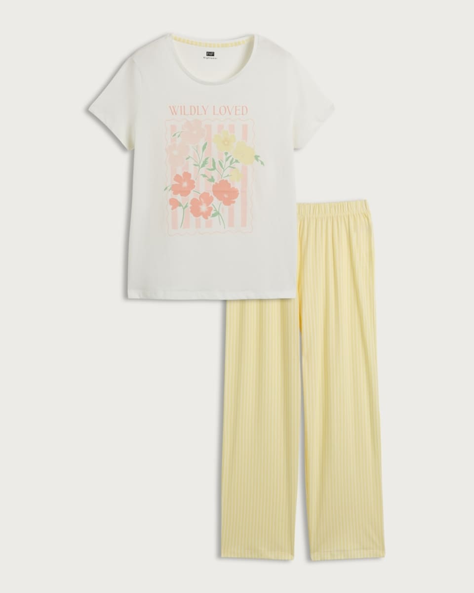 image 1 of F&F Pure Cotton Wildly Loved Print Pyjama Set in Multi Yellow