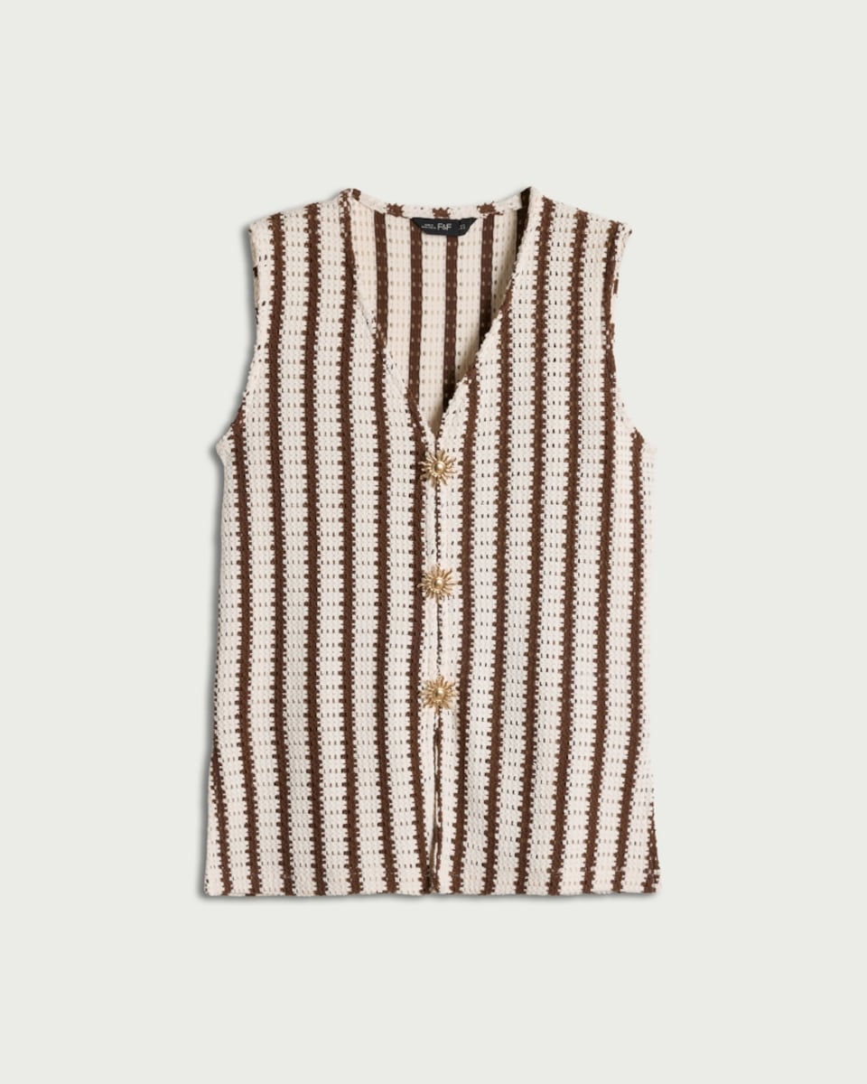 image 1 of F&F Textured Striped Button Front Co-ord Waistcoat in Multi Brown