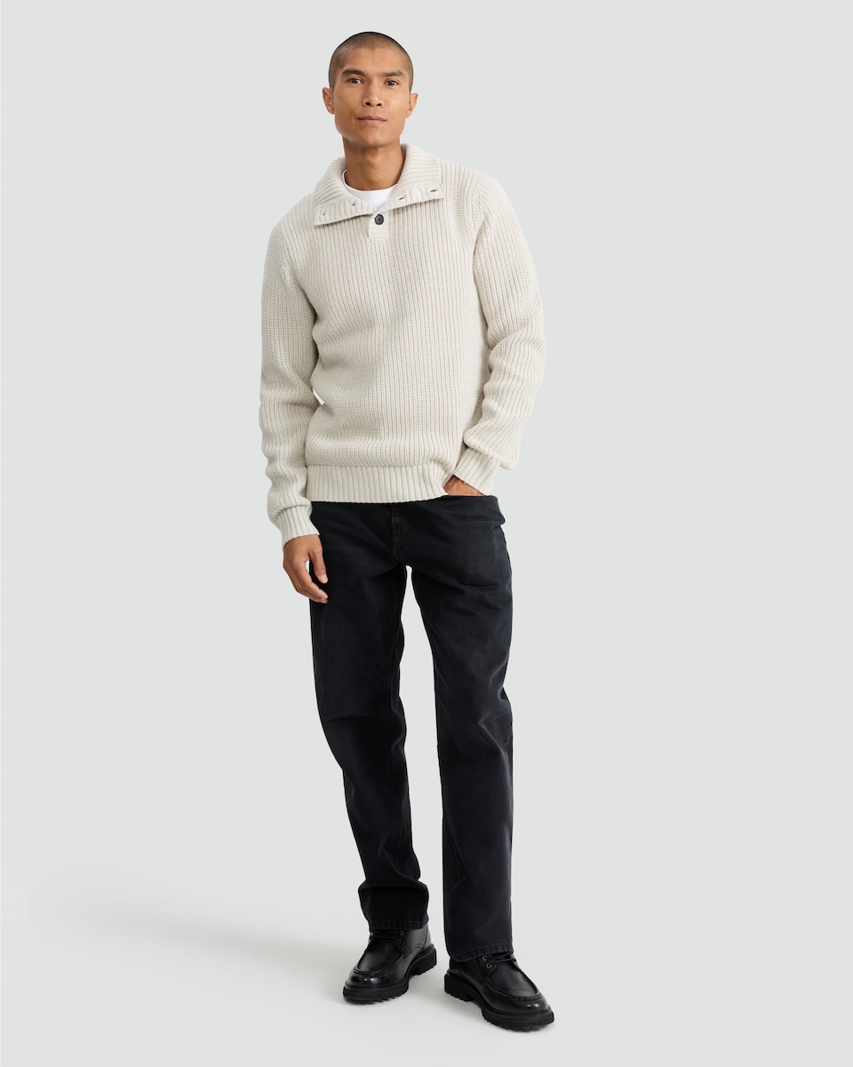 image 1 of F&F Knitted High Neck Buttoned Jumper with Wool in Cream