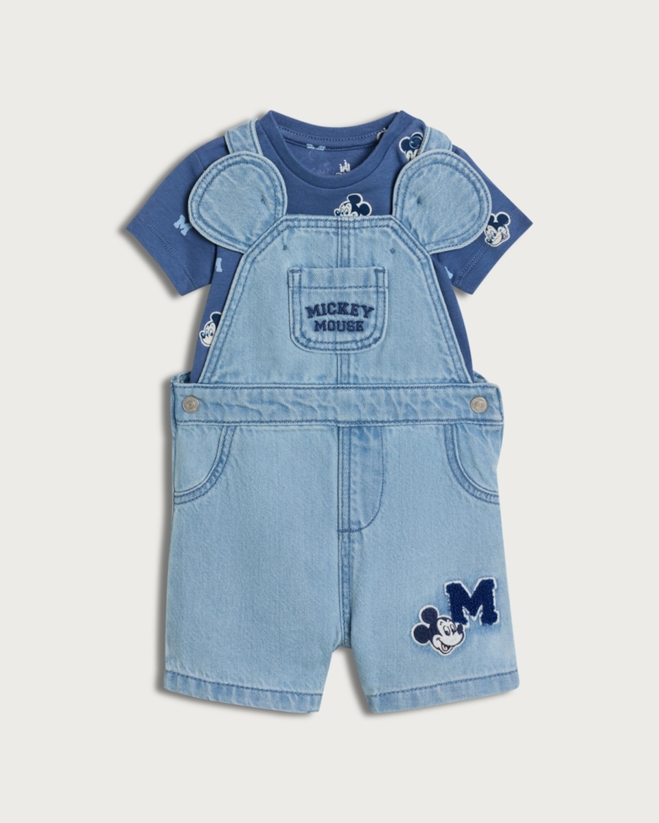 Disney Mickey Mouse 2-Piece Pure Cotton Dungarees and Bodysuit Set in Blue