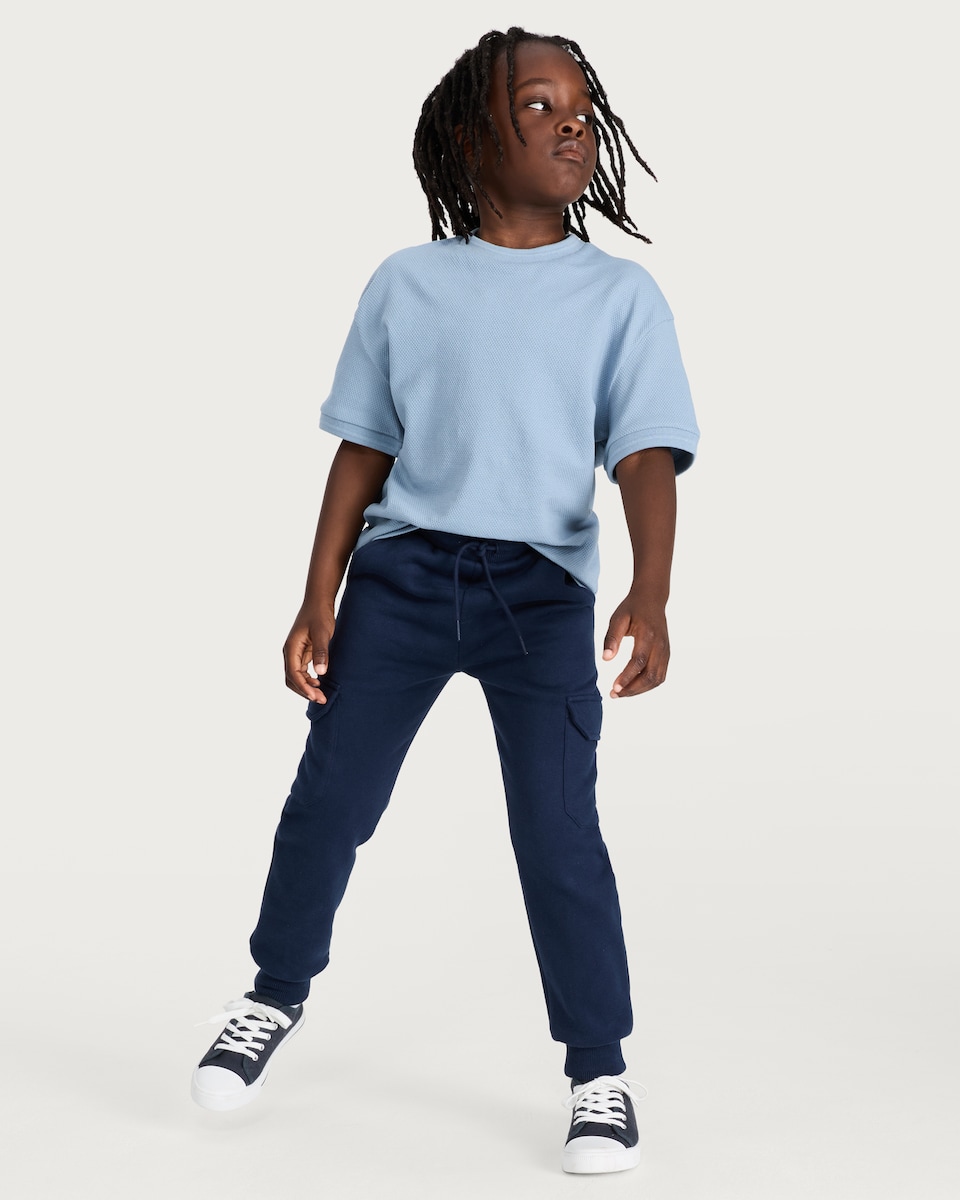 image 1 of F&F Boys Cotton Rich Cuffed Drawstring Cargo Joggers in Navy