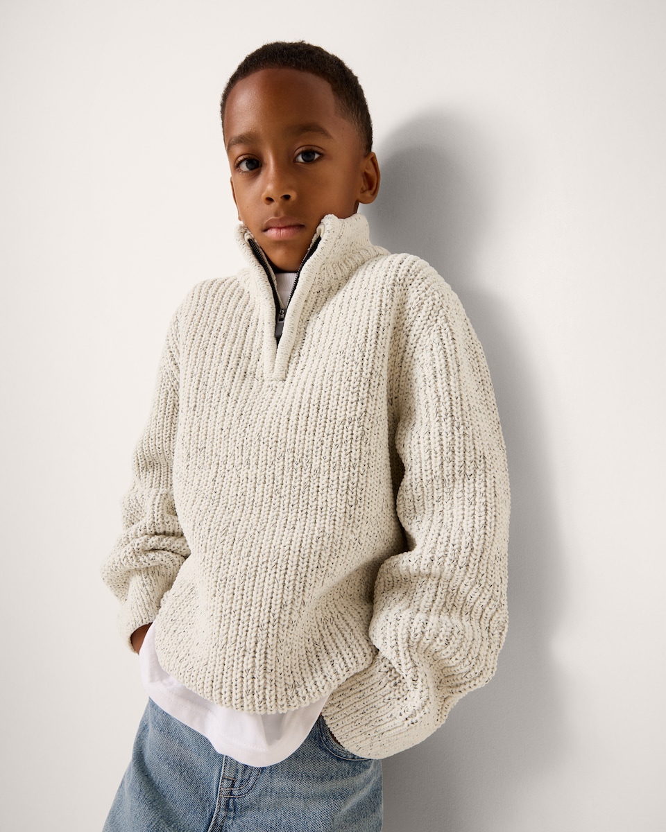 image 1 of F&F Boys Chenille Knitted Quarter Zip Jumper in White