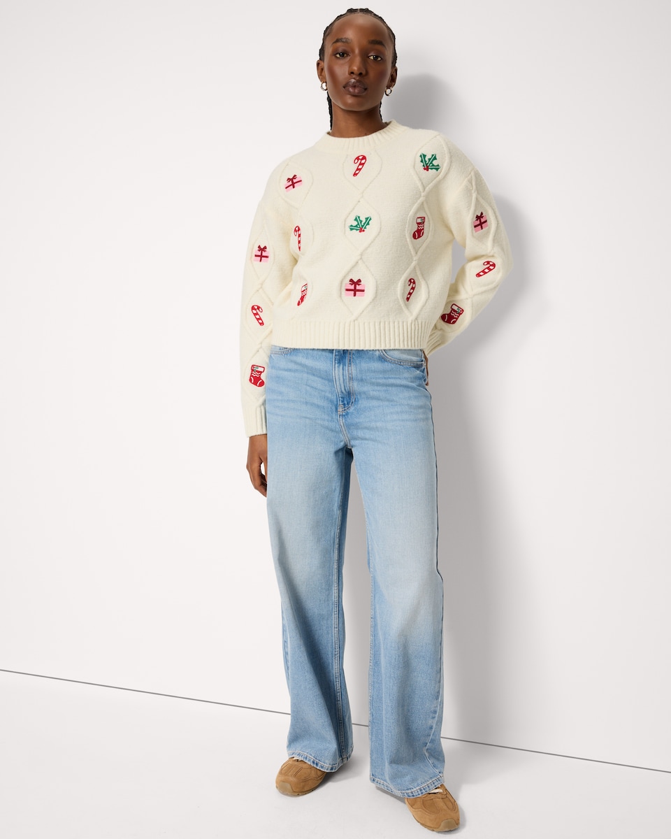 image 1 of Christmas Cable Knit Embroidered Jumper in Cream