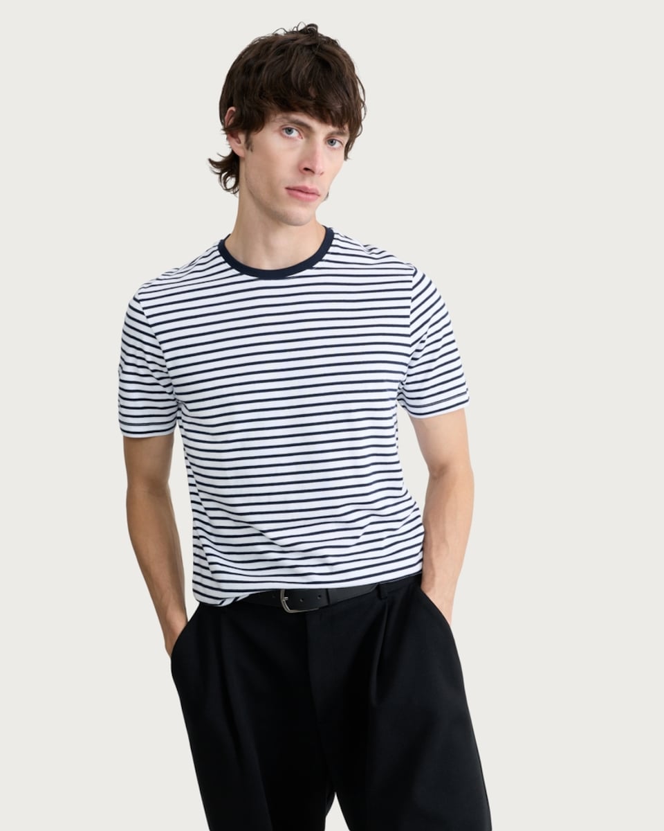 image 1 of F&F Pure Cotton Stripe Print Short Sleeved Slim Fit T-Shirt in White