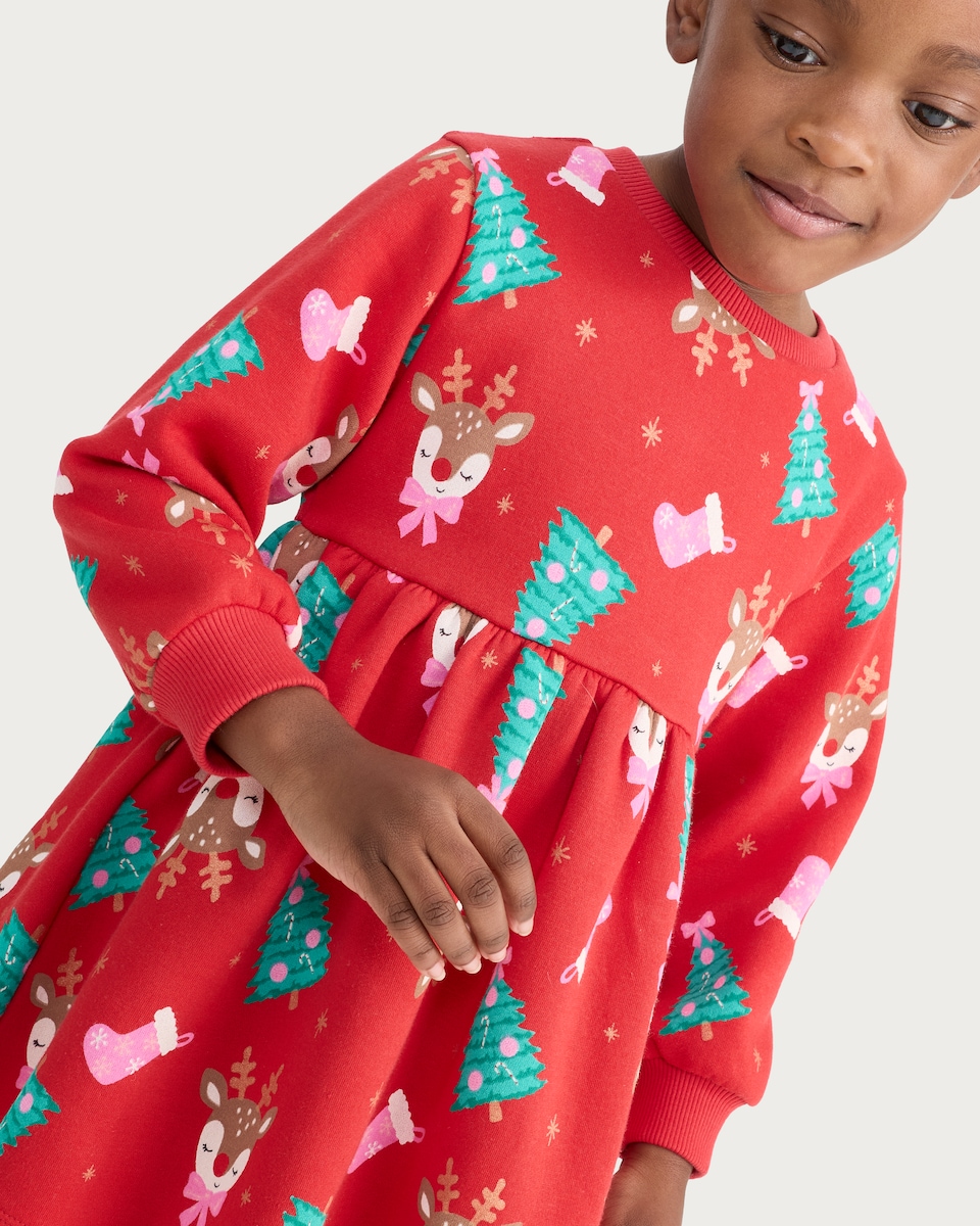 image 1 of F&F Girls Cotton Rich Christmas Print Sweater Dress in Red
