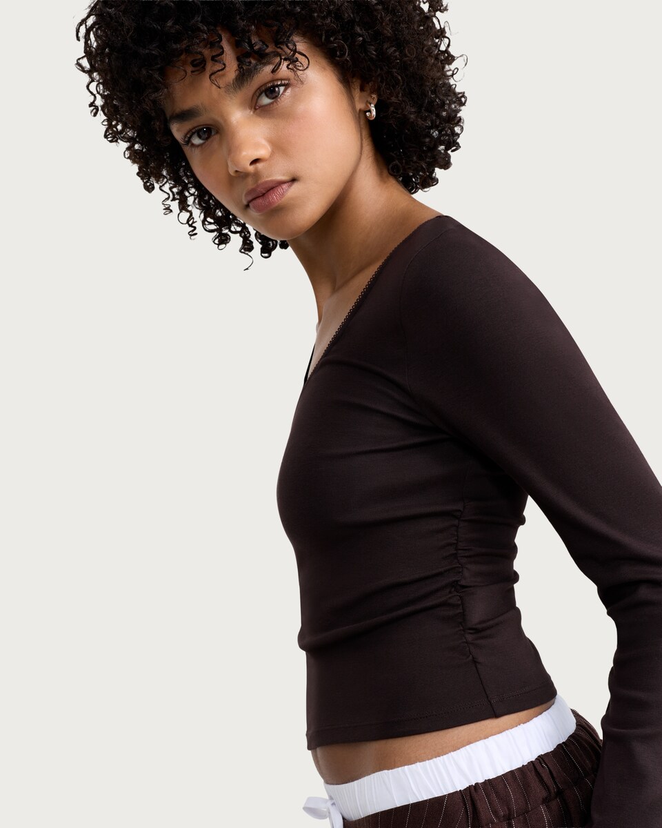 image 1 of OH ME OH MY Cotton Rich Ruched Side Long Sleeved Top in Chocolate