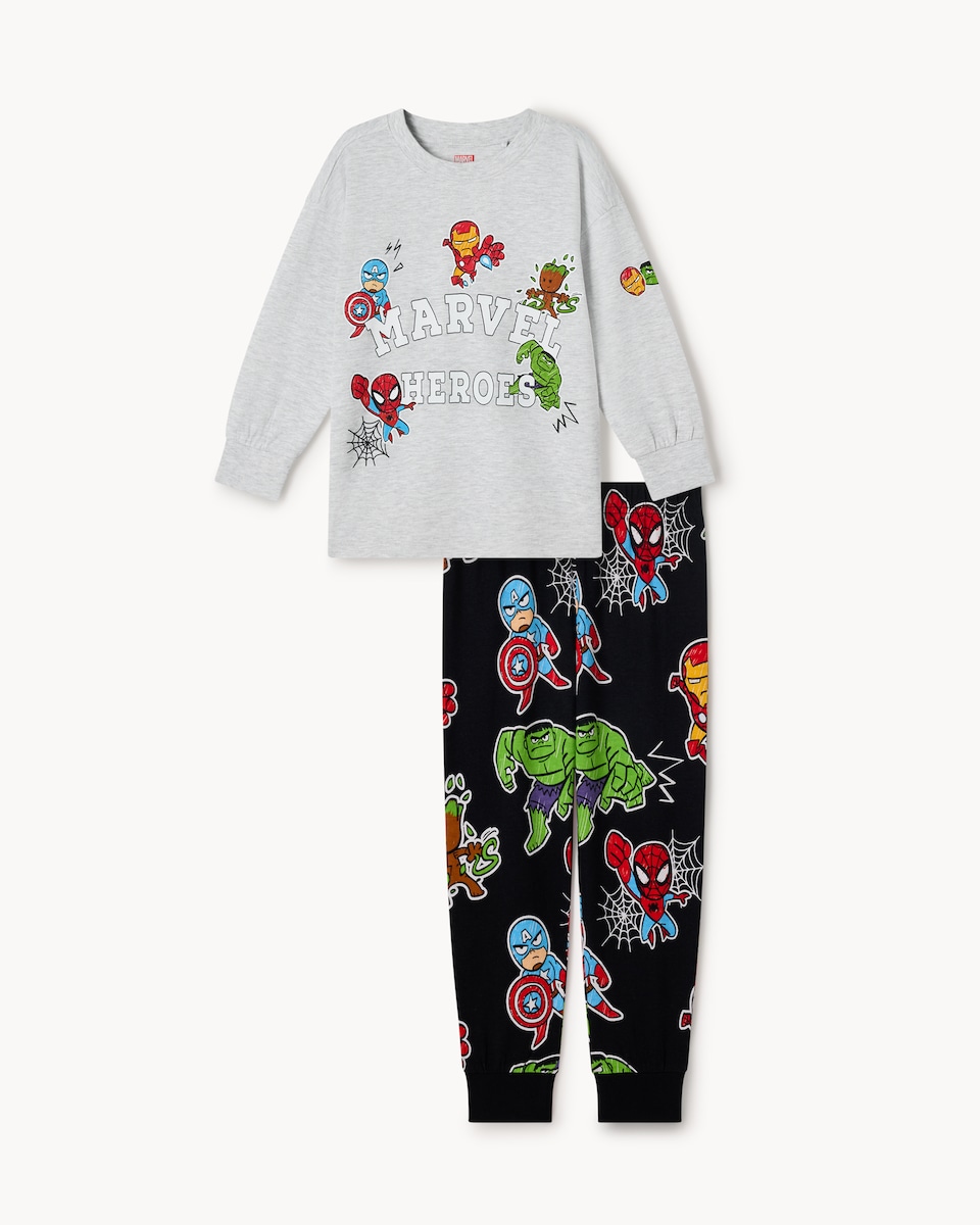 image 1 of Marvel Heroes Cotton Rich Pyjama Set in Grey