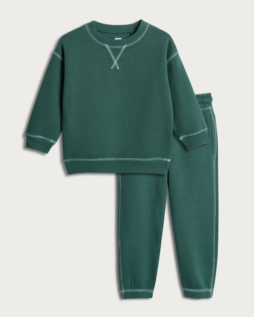 F&F Boys 2-Piece Cotton Rich Contrast Stitch Sweatshirt and Joggers Set in Green