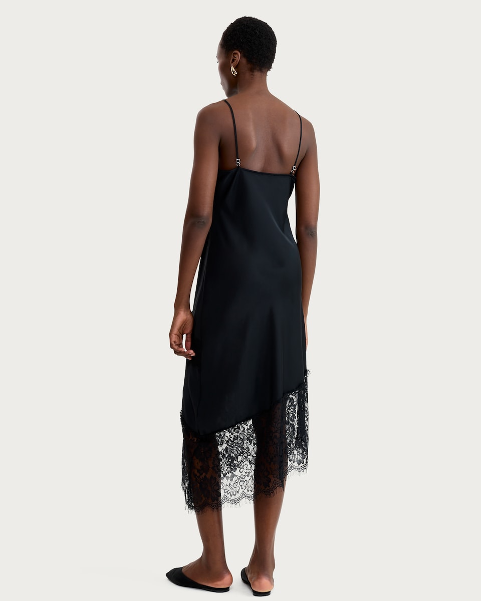 image 1 of F&F Satin Lace Trim Asymmetric Hem Midi Slip Dress in Black