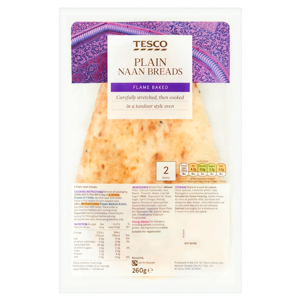 Tesco Plain Naans 2 Pack 260G