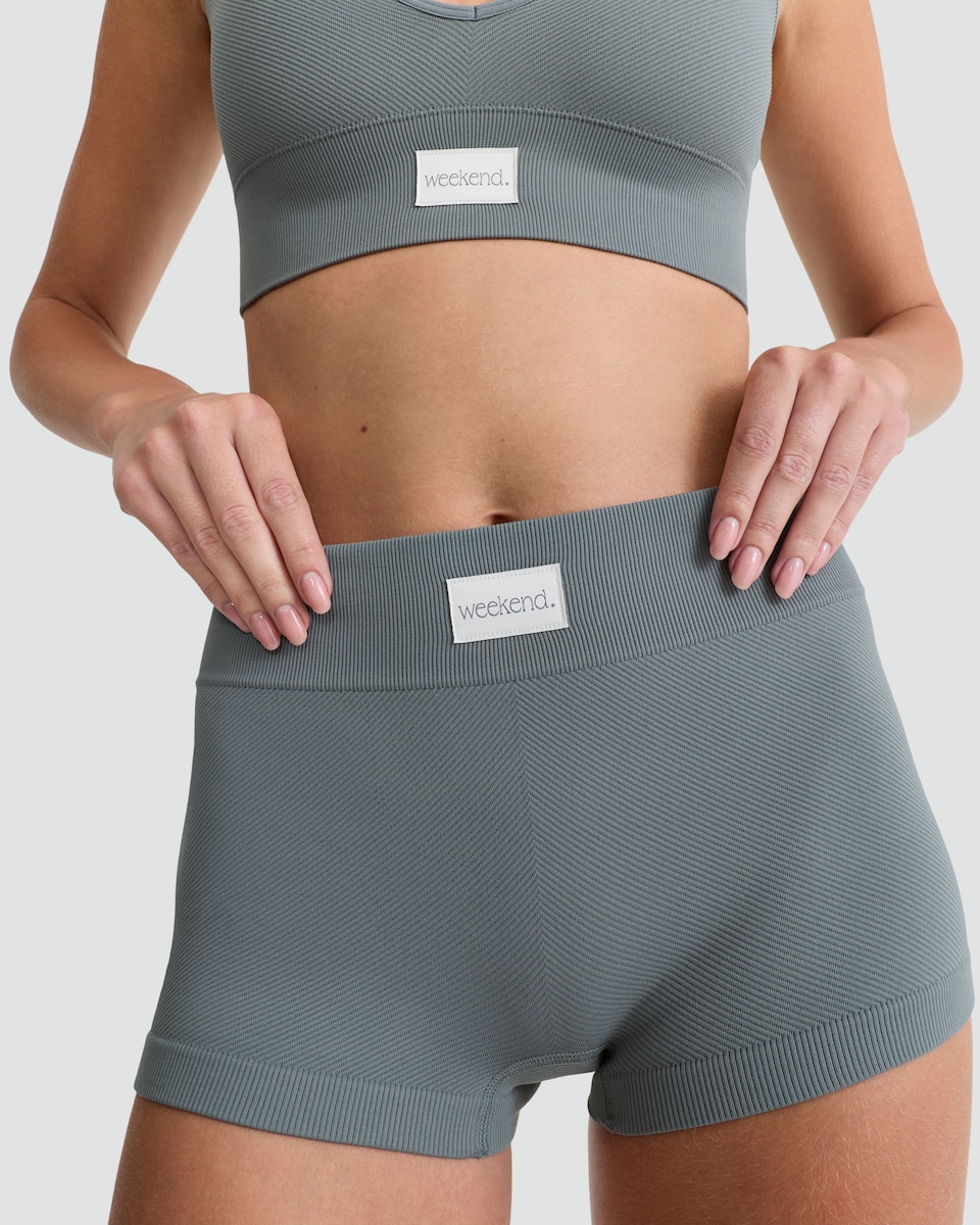 image 1 of F&F Ribbed Weekend Slogan Crop Top and Shorts Set in Green