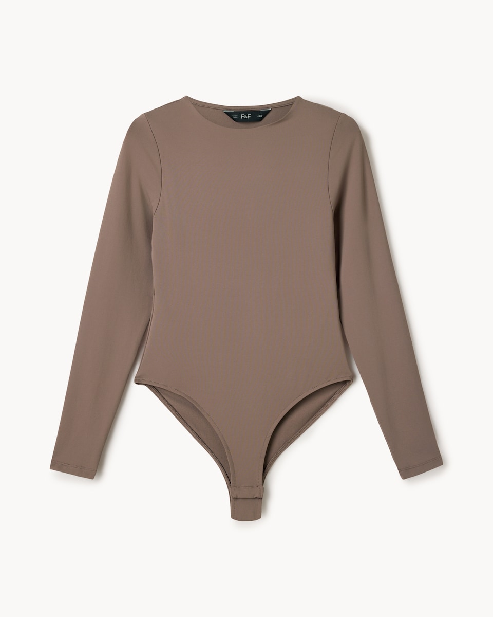 image 1 of F&F Polyamide Crew Neck Long Sleeved Bodysuit in Mink