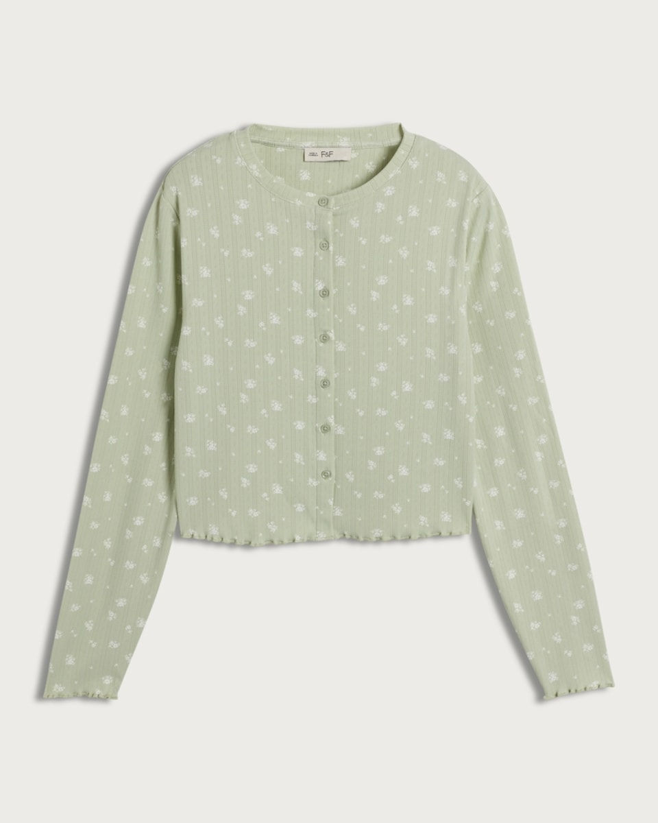 image 1 of F&F Pointelle Floral Button Up Long Sleeved Pyjama Cardigan in Green