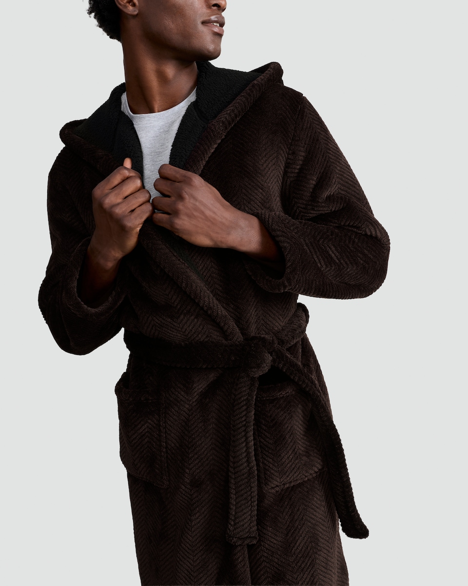 image 1 of F&F Hooded Herringbone Dressing Gown in Burgundy