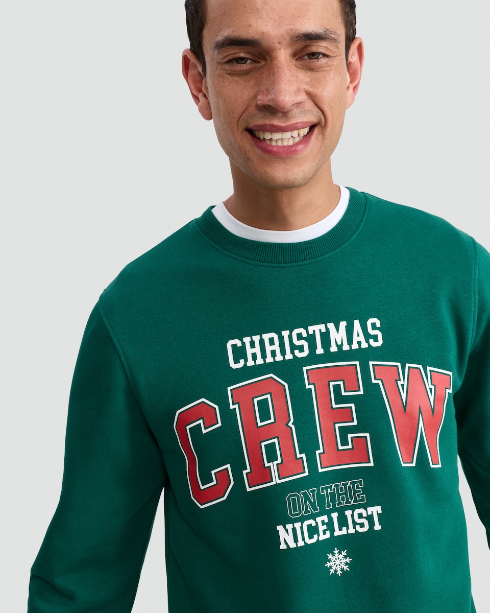 image 1 of F&F Cotton Rich Christmas Crew Slogan Sweatshirt in Green