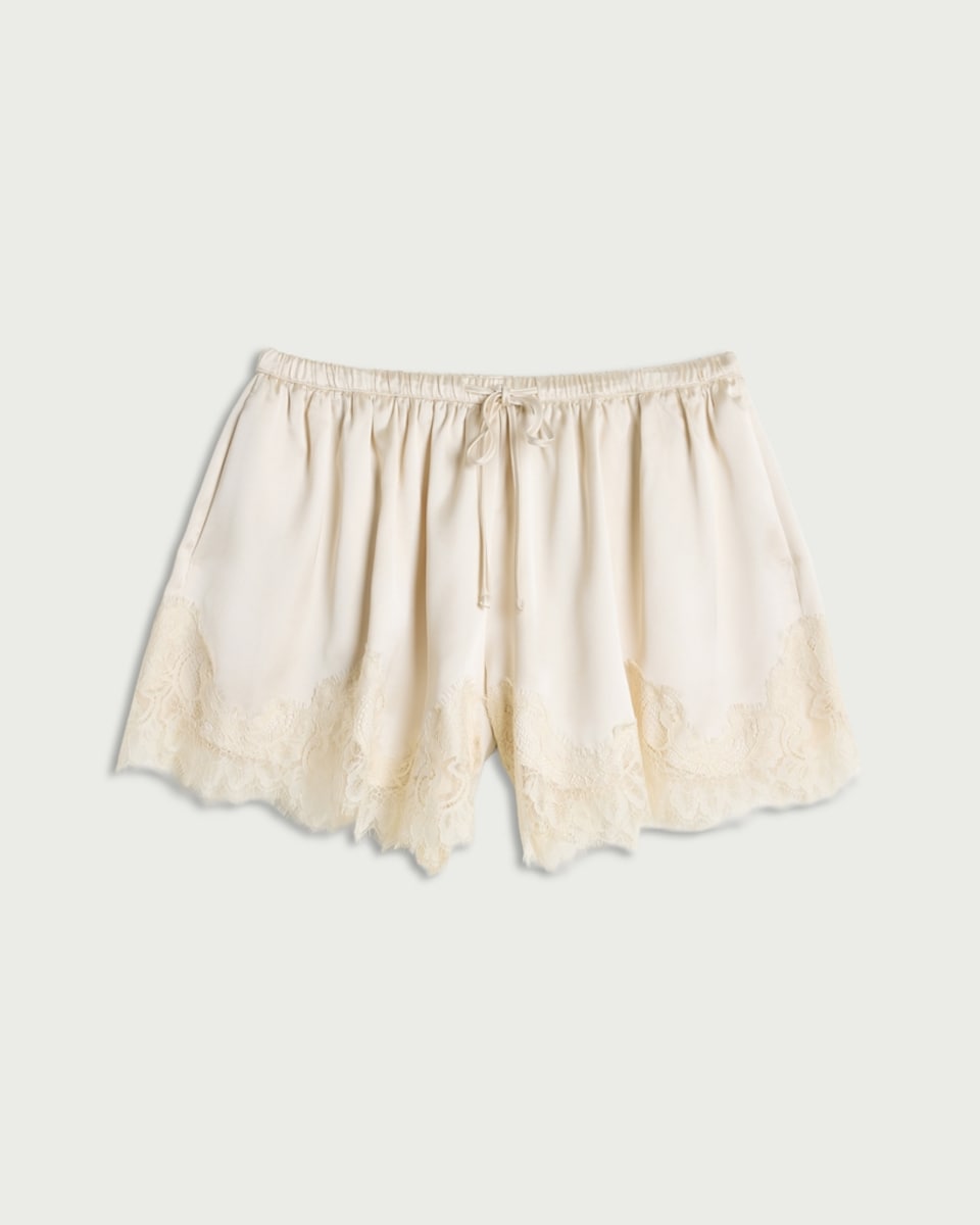 image 1 of F&F Satin Lace Trim Drawstring Shorts in Cream