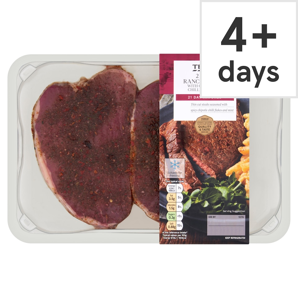 Tesco 2 Beef Ranch Steaks With Garlic & Chilli 250G