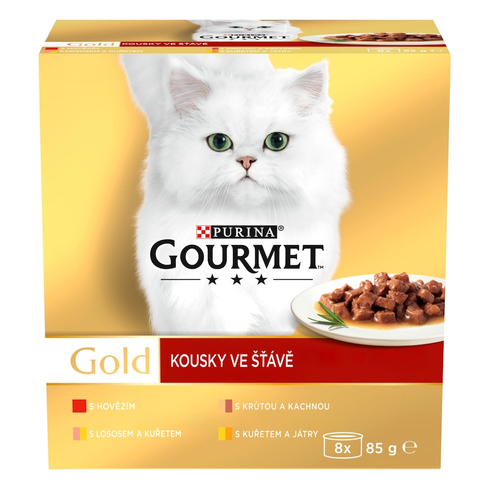 obrázok 1 z Gourmet Gold konzervy pre mačky hovädzie, morka a kačica, losos a kura, kura, pečeň v šťave 8 x 85 g