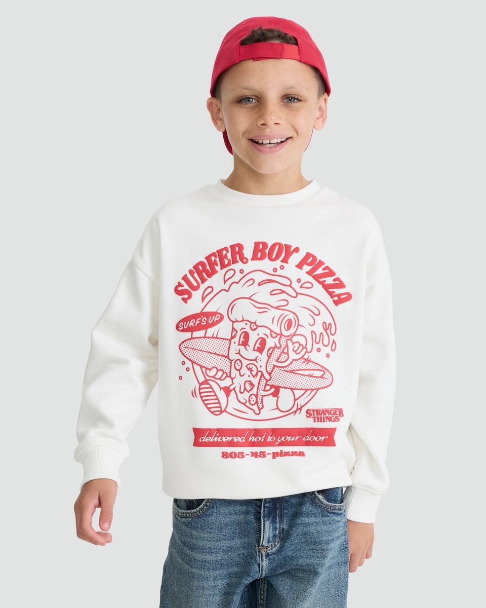 image 1 of Stranger Things Cotton Rich Pizza Print Sweatshirt in Cream