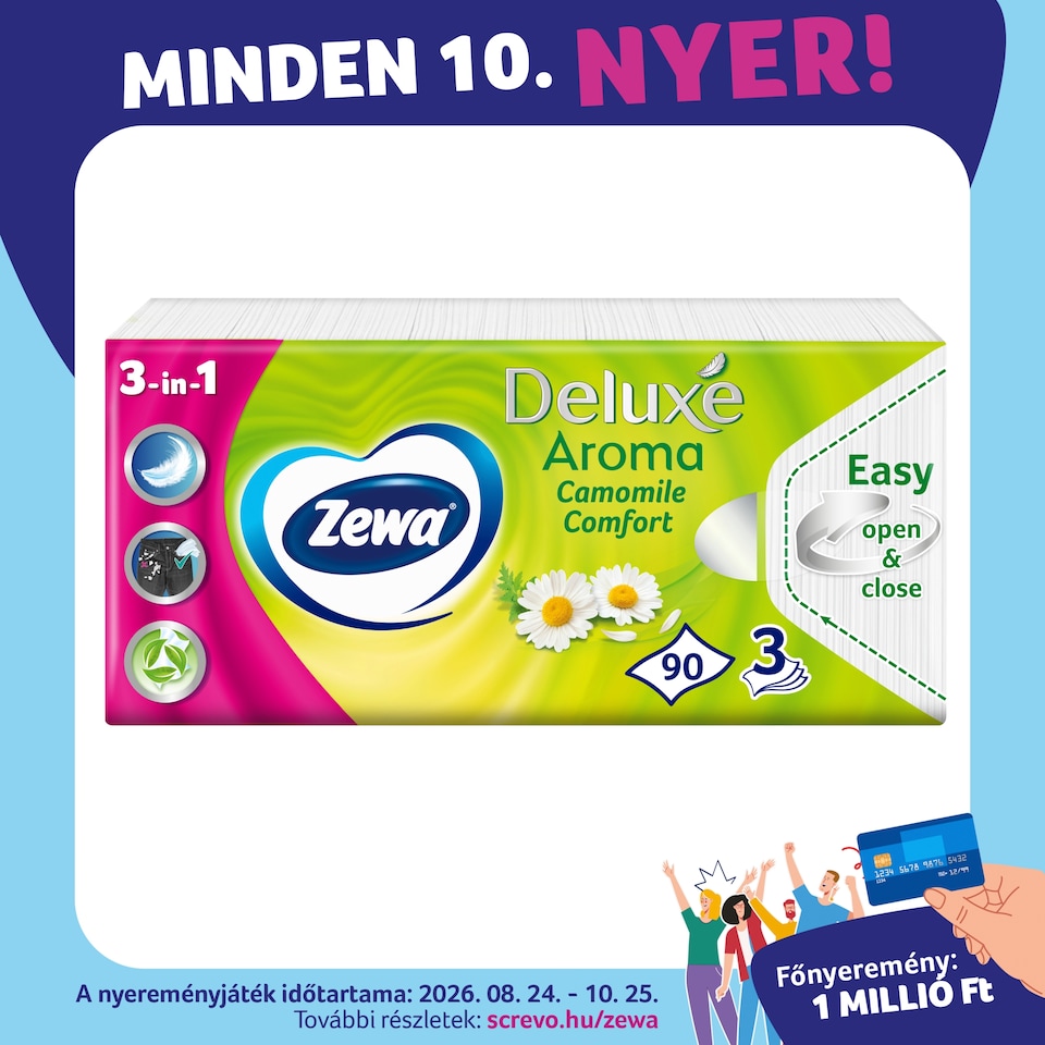 Zewa Deluxe Camomile Comfort illatosított papír zsebkendő 3 rétegű 90 db  1. kép