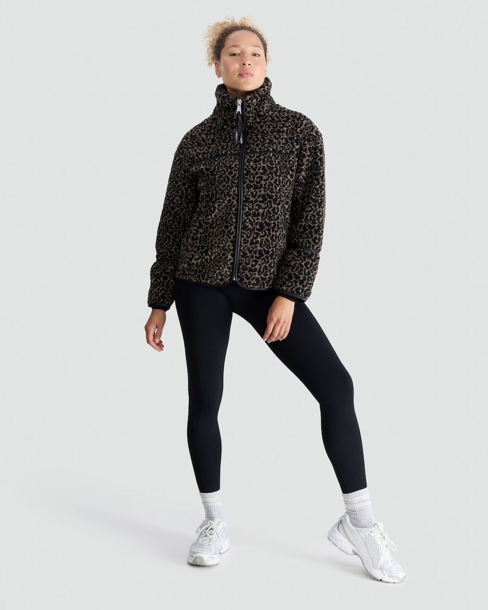 image 1 of F&F Active Fleece Leopard Print Zip Up Jacket in Multi Black