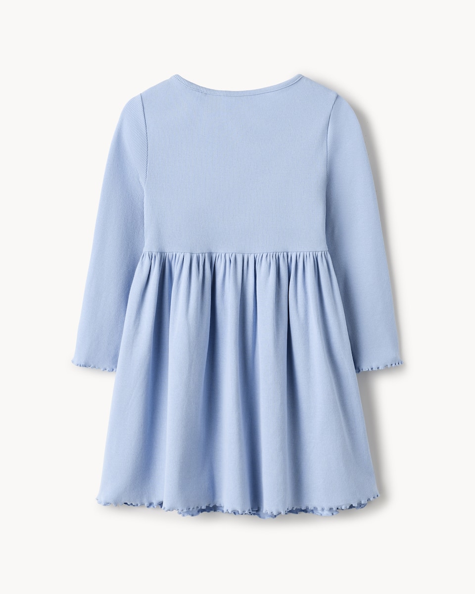 image 1 of F&F Girls Cotton Rich Ribbed Embroidered Bow Dress in Blue