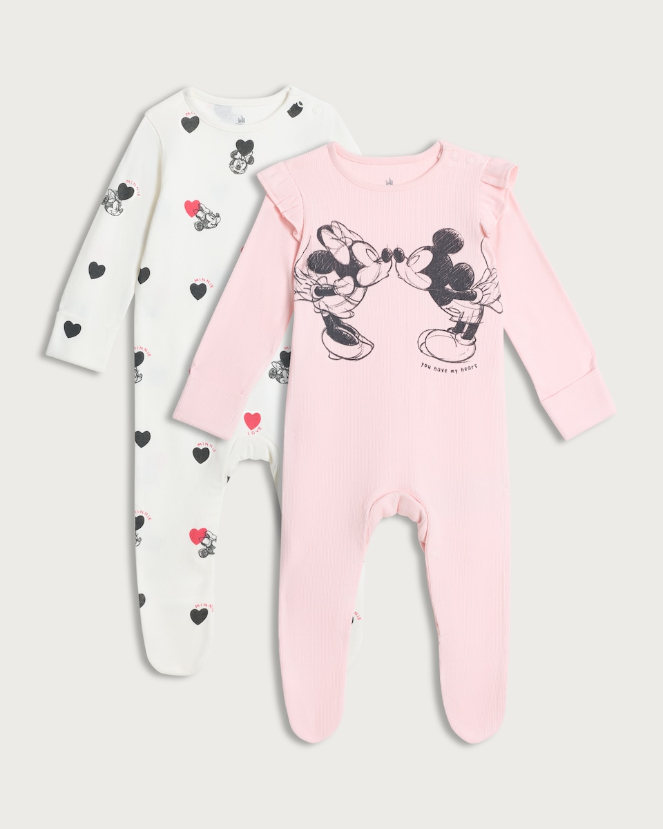 image 1 of Disney 2-Pack Mickey & Minnie Mouse Ribbed Sleepsuits in Pink